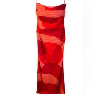 Kay Unger Red Mod Print Strapless Cocktail Gown Size 2